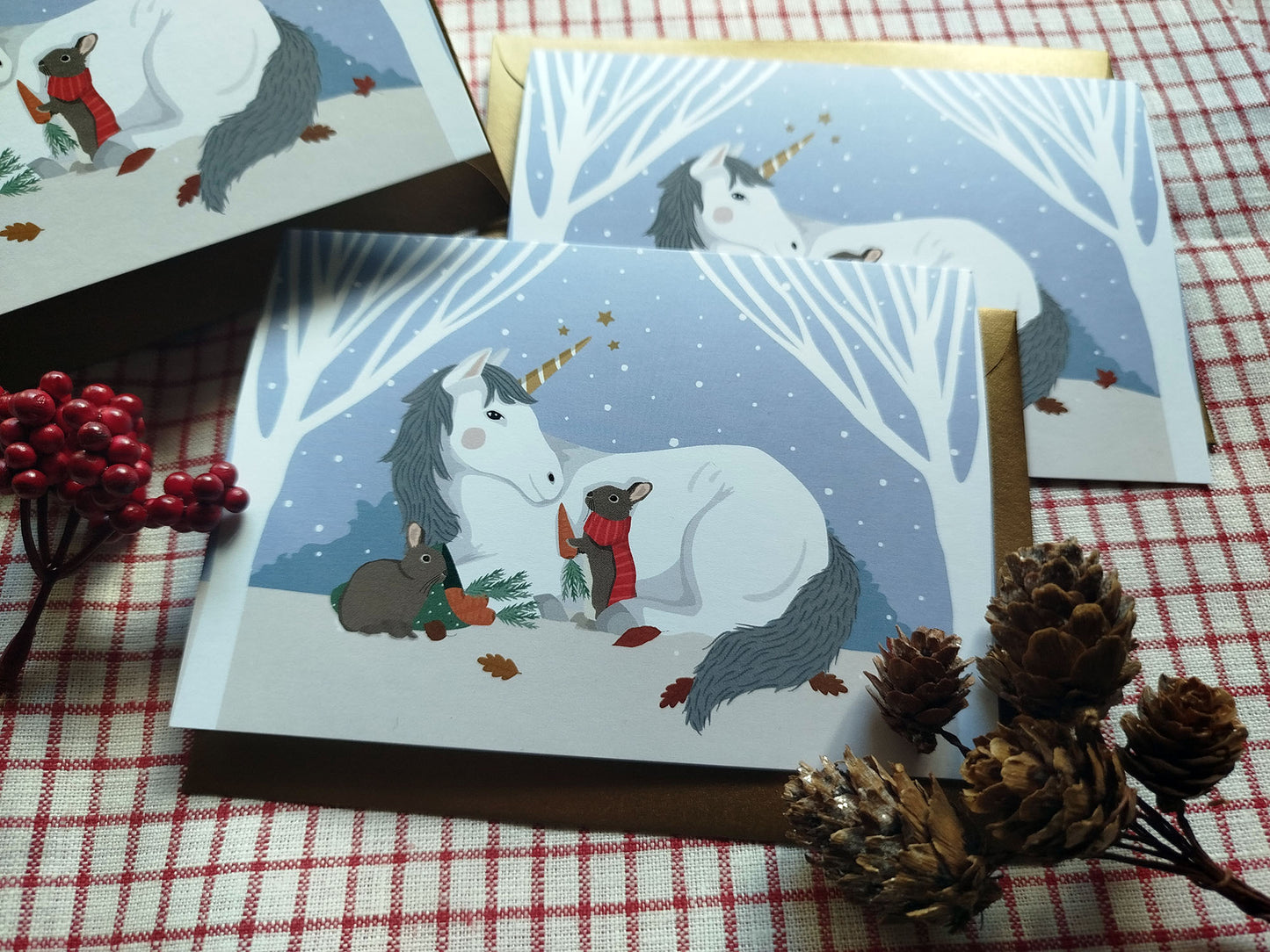 Lot de 2 cartes de voeux "Licorne de Noël"