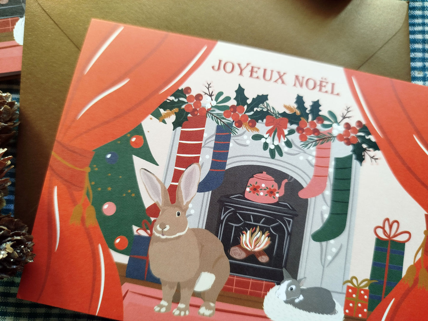 Lot de 2 cartes de voeux "Devant la cheminée"