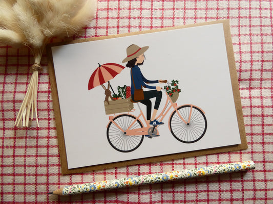 Carte postale "A bicyclette avec mon lapin"